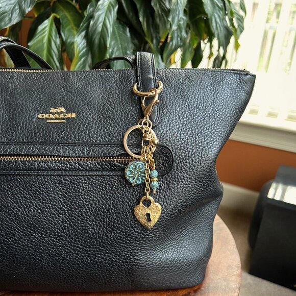 GOLD PADLOCK HEART Bag Charm Turquoise Beads🔒 - Picture 1 of 7